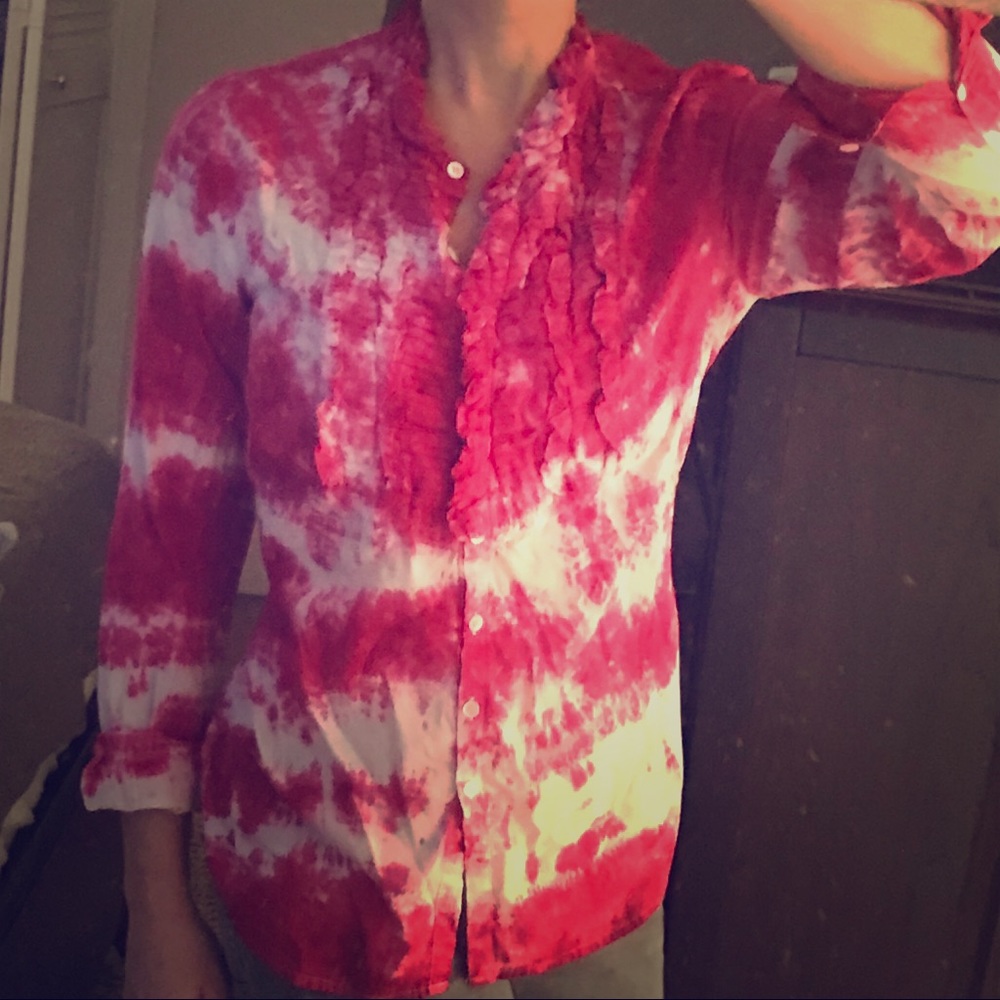 Hot pink tie dye button down ruffle shirt